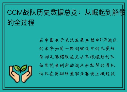 CCM战队历史数据总览：从崛起到解散的全过程